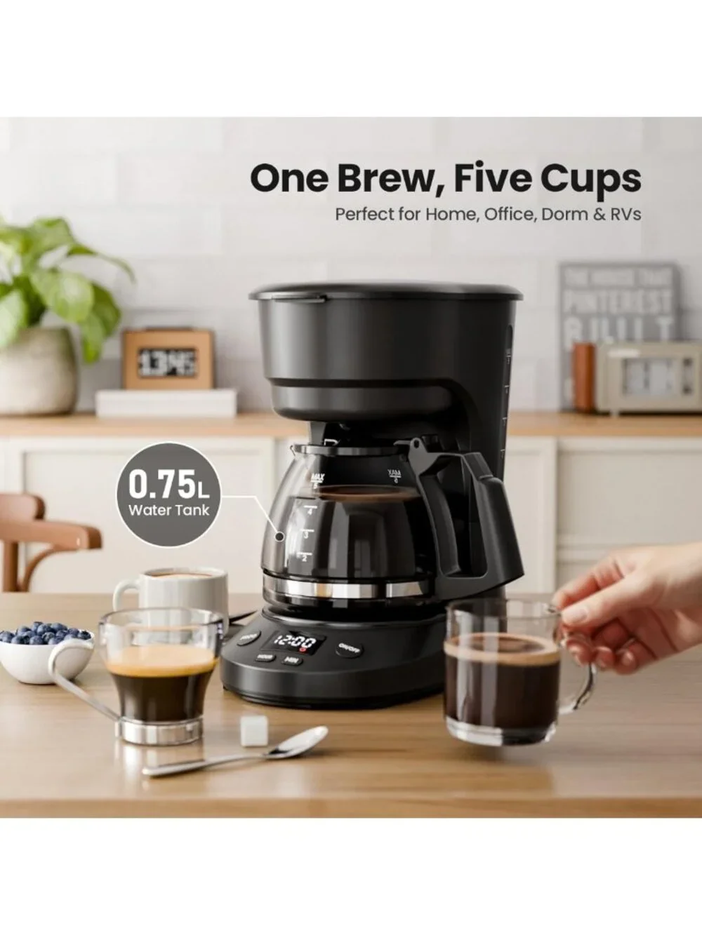 5-Cup Drip Coffee Maker with LED Display, Timer, Anti-Drip & Auto Shut-Off